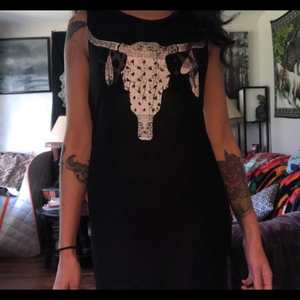 Long black maxi dress. Skull dress.